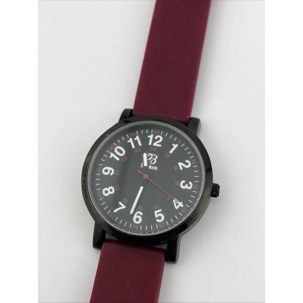 Blekon Watch Men 38mm Black‎ Case Maroon Silicone Band- New Battery